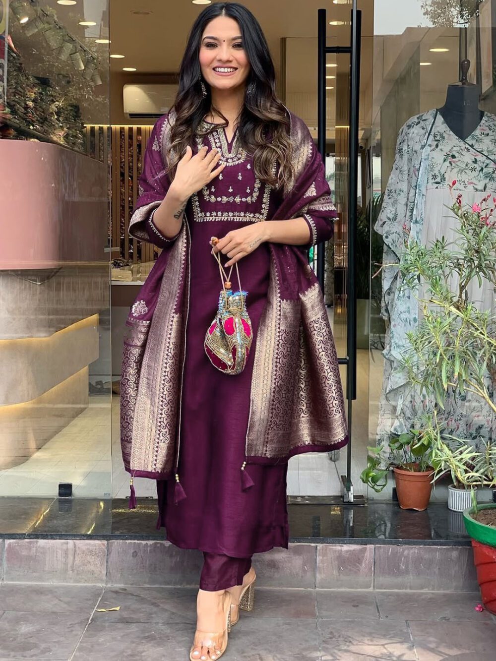 Dark Wine Color Shalwar Kameez Dupatta Suits Made Roman Silk with Embroidery work Kurta sets for women - Image 3