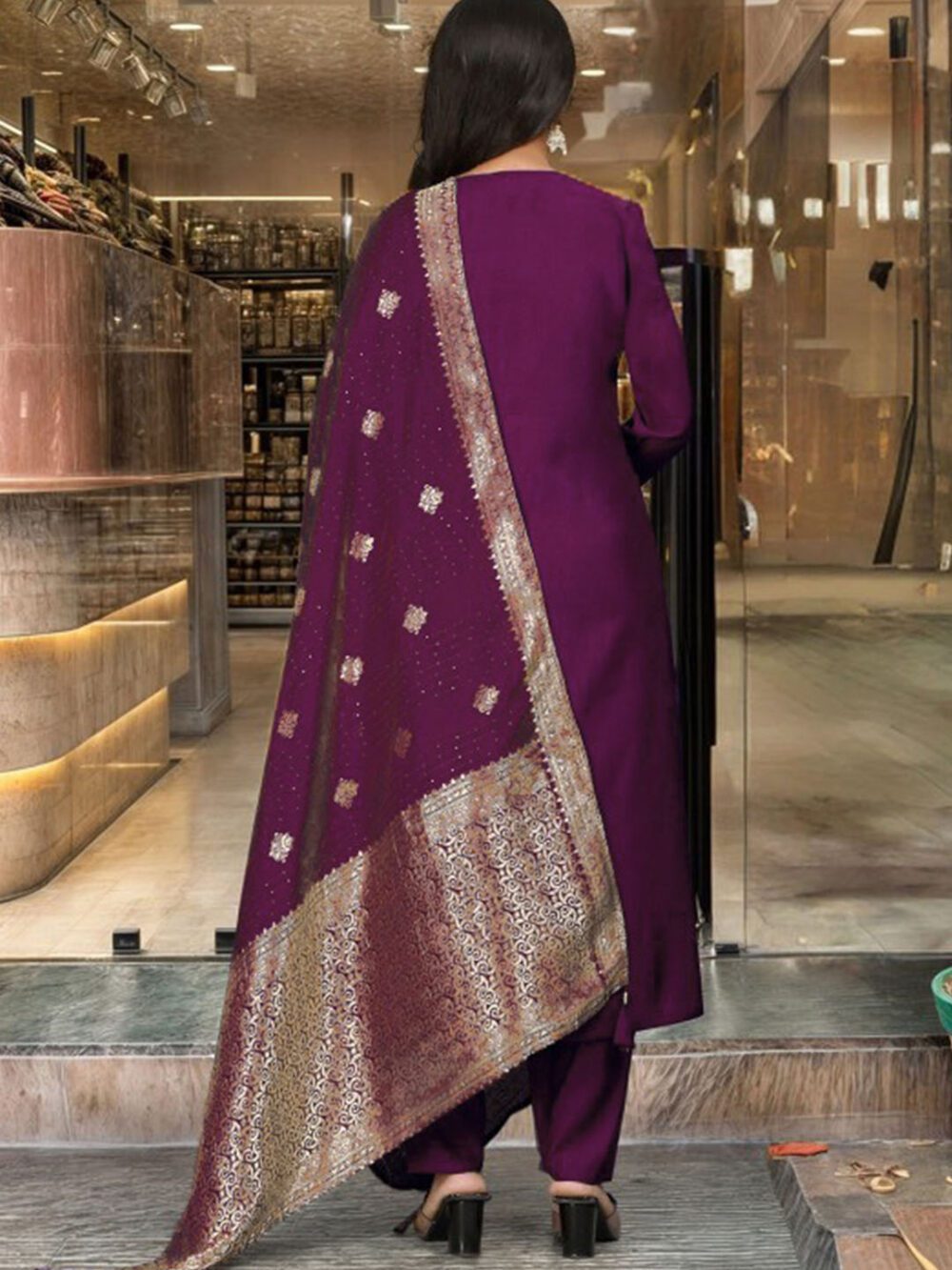 Dark Wine Color Shalwar Kameez Dupatta Suits Made Roman Silk with Embroidery work Kurta sets for women - Image 6