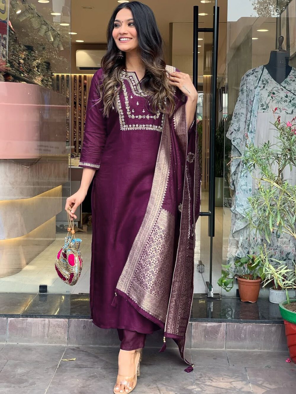 Dark Wine Color Shalwar Kameez Dupatta Suits Made Roman Silk with Embroidery work Kurta sets for women - Image 4