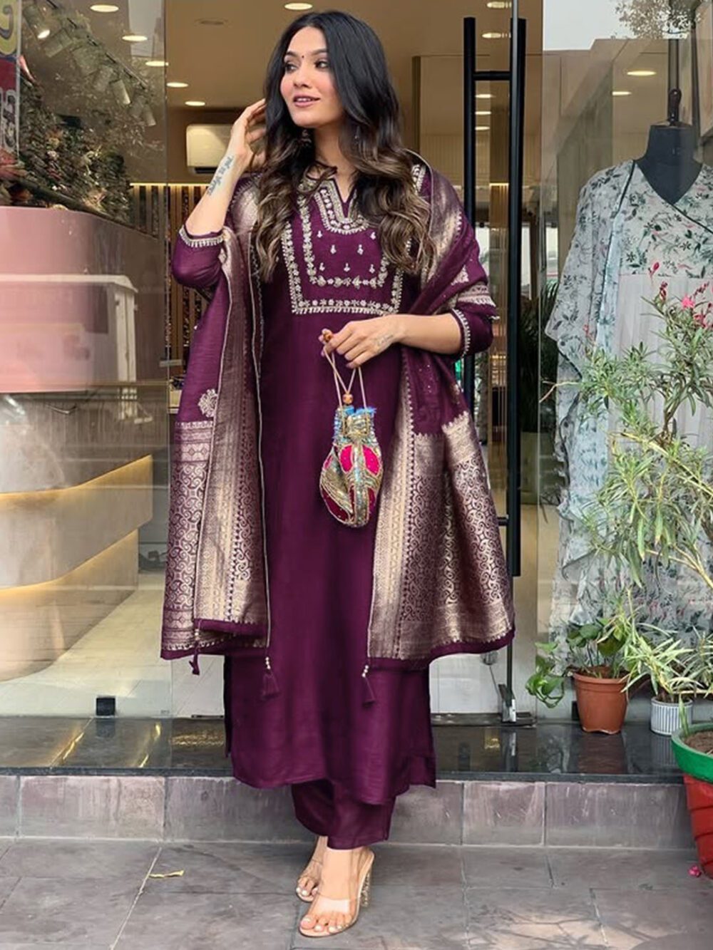 Dark Wine Color Shalwar Kameez Dupatta Suits Made Roman Silk with Embroidery work Kurta sets for women - Image 5