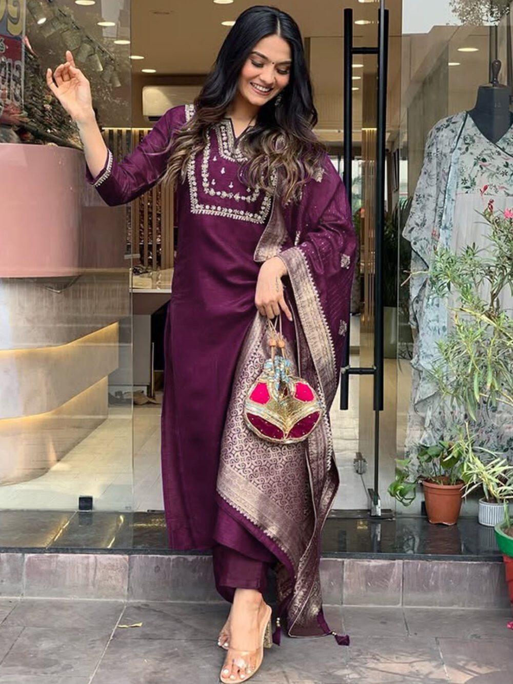 Dark Wine Color Shalwar Kameez Dupatta Suits Made Roman Silk with Embroidery work Kurta sets for women - Image 7
