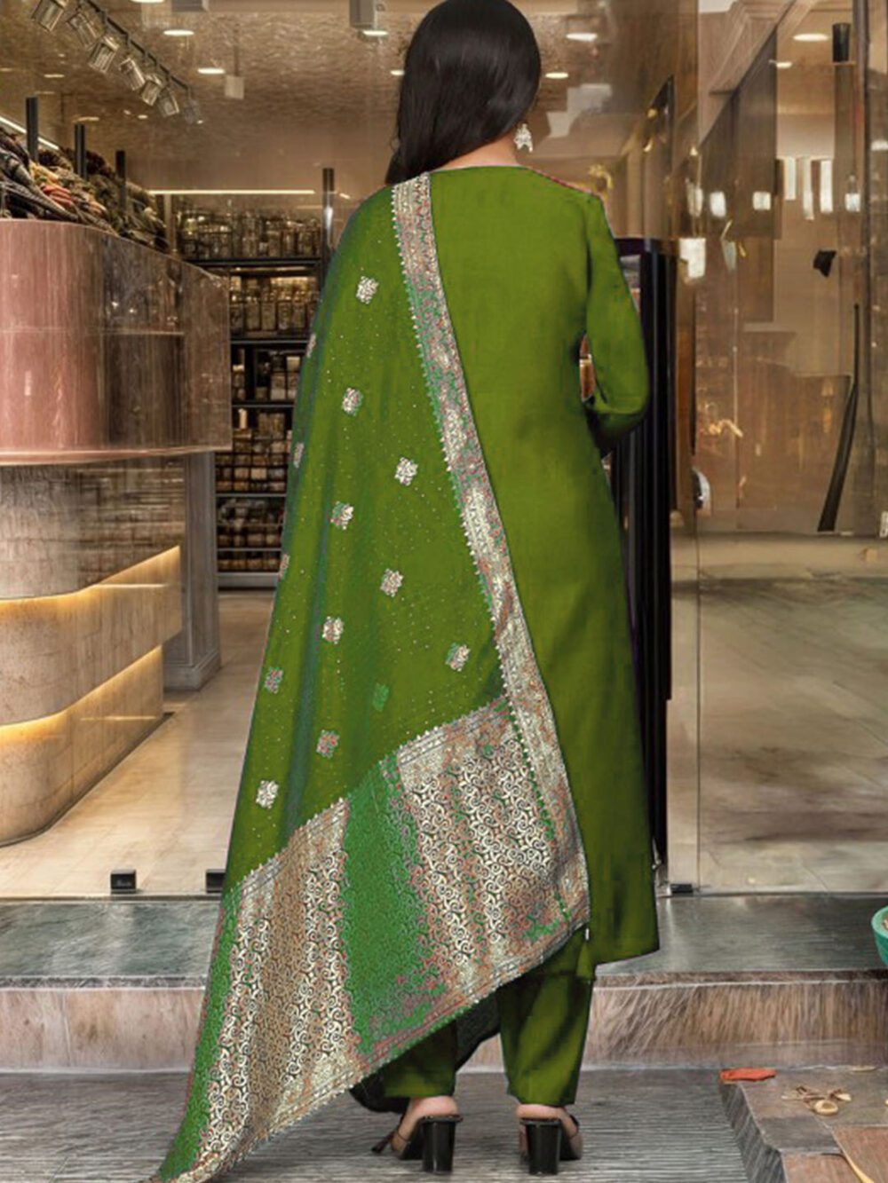 Mehndi color Shalwar Kameez Dupatta Suits Made Roman Silk with Embroidery work Kurta sets for women - Image 3