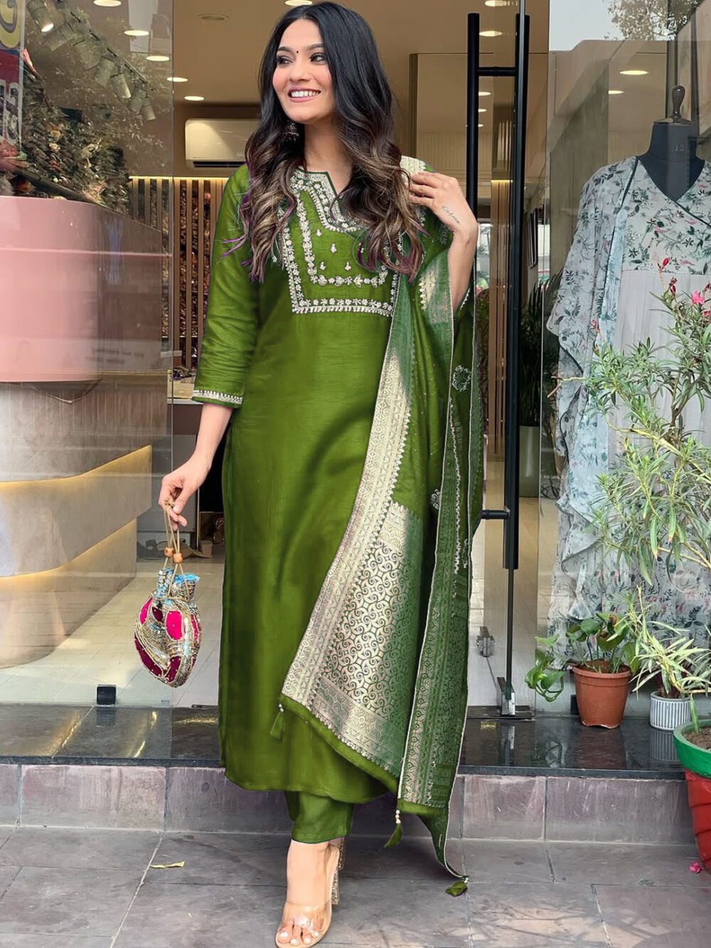 Mehndi color Shalwar Kameez Dupatta Suits Made Roman Silk with Embroidery work Kurta sets for women - Image 4
