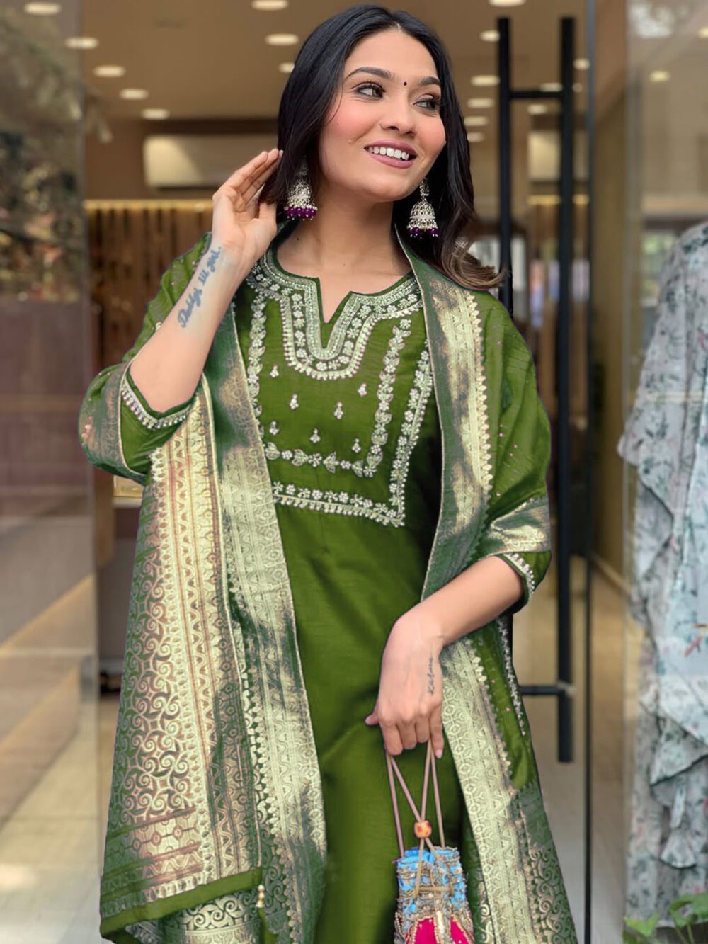 Mehndi color Shalwar Kameez Dupatta Suits Made Roman Silk with Embroidery work Kurta sets for women - Image 5